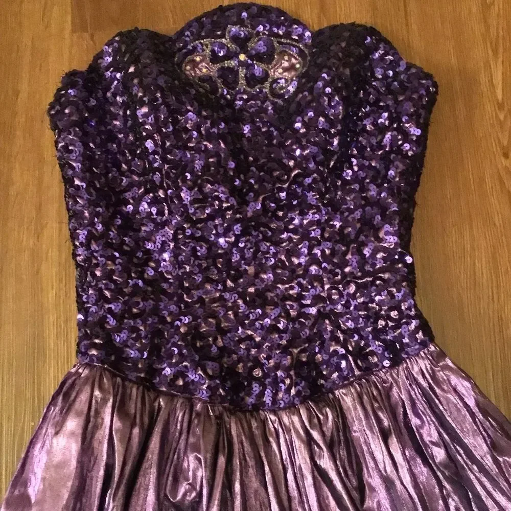 Vintage 1980s Mike Benet Beaded Sequin Taffeta Metallic Prom Formal Dress